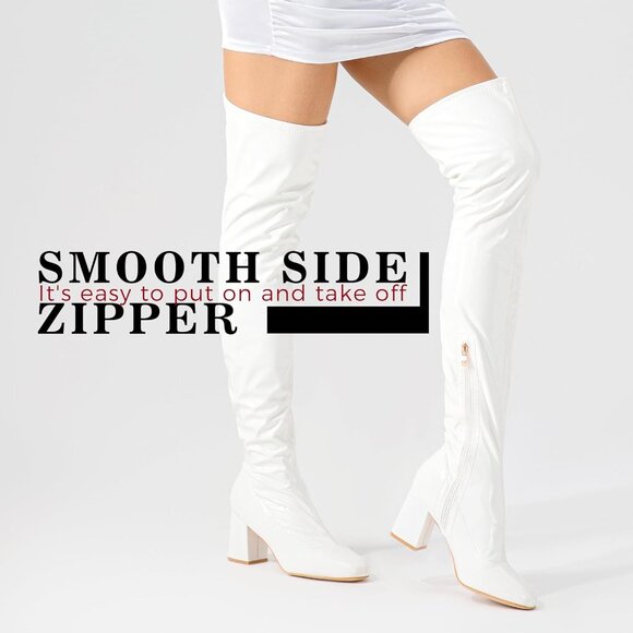 Women White Patent Leather PU Chunky Heel Over The Knee Square Toe Long Boot - Picture 4 of 6